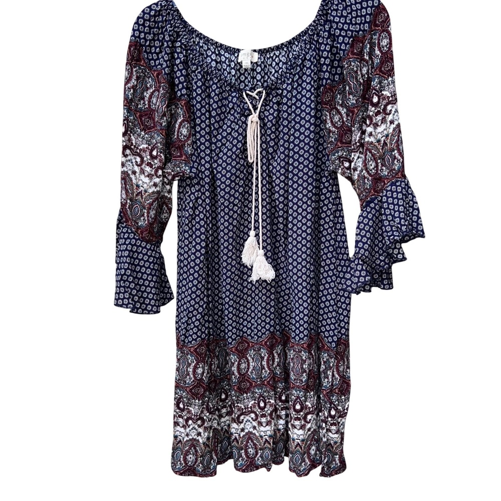 Umgee Boho Paisley Tassel Tie Ruffle Sleeve Shift Dress Navy Burgundy Plus 2XL
